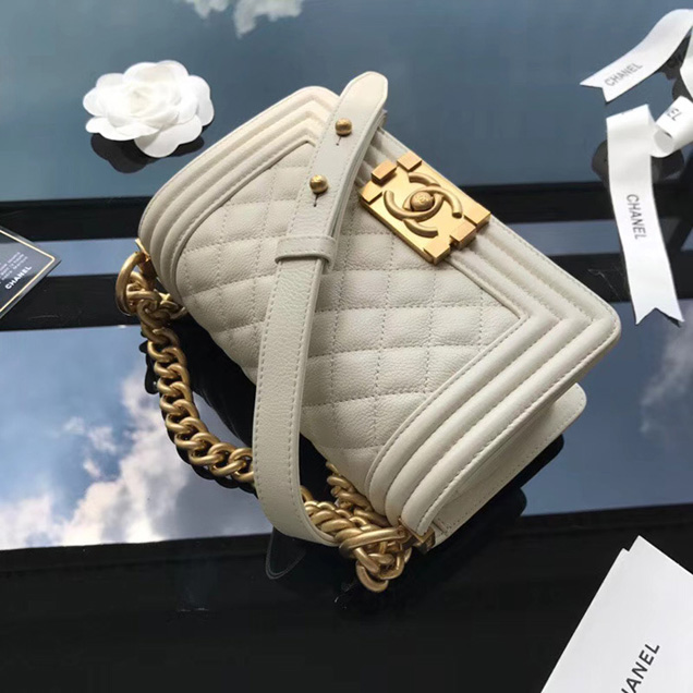 Chanel Small Le Boy Flap Bag Beige Grained Calfskin Gold-Tone Metal