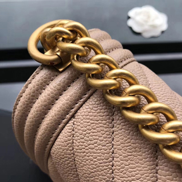 Chanel Small Chevron Le Boy Flap Bag Beige Grained Calfskin Gold-Tone Metal