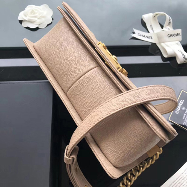 Chanel Small Chevron Le Boy Flap Bag Beige Grained Calfskin Gold-Tone Metal