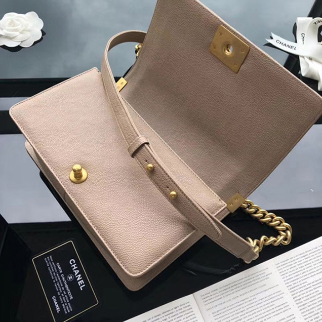 Chanel Small Chevron Le Boy Flap Bag Beige Grained Calfskin Gold-Tone Metal