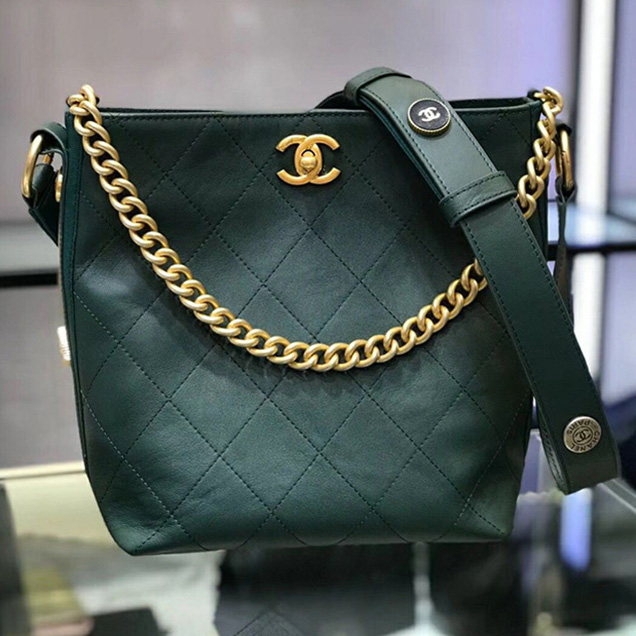 Chanel Button Up Calfskin & Grosgrain Hobo Handbag A57573 Green 2018