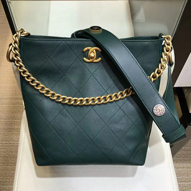Chanel Button Up Calfskin & Grosgrain Hobo Handbag A57573 Green 2018
