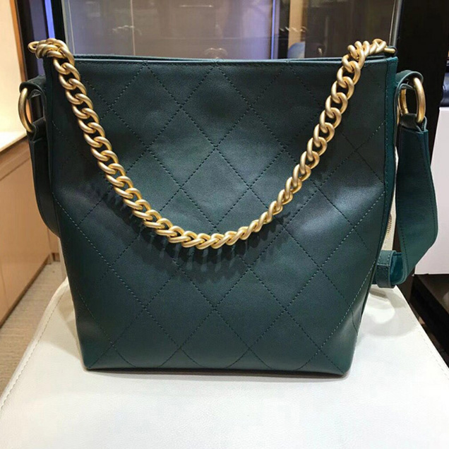 Chanel Button Up Calfskin & Grosgrain Hobo Handbag A57573 Green 2018