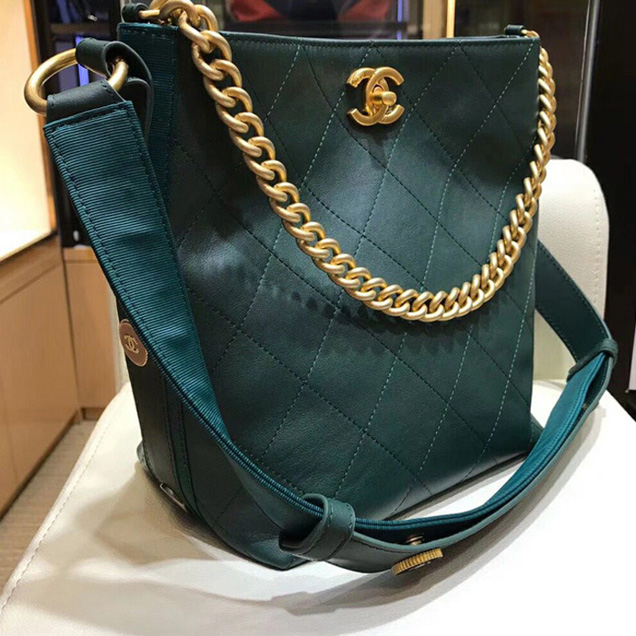 Chanel Button Up Calfskin & Grosgrain Hobo Handbag A57573 Green 2018