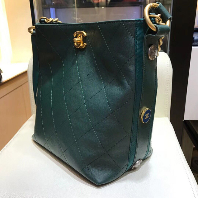 Chanel Button Up Calfskin & Grosgrain Hobo Handbag A57573 Green 2018