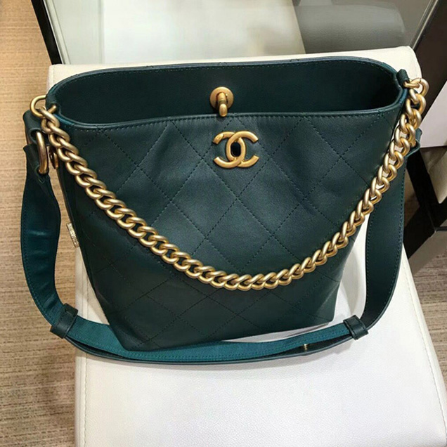 Chanel Button Up Calfskin & Grosgrain Hobo Handbag A57573 Green 2018