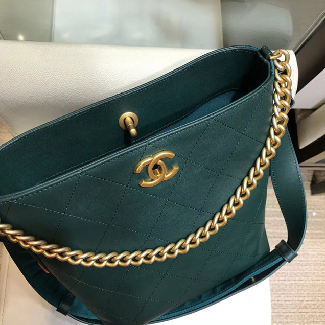 Chanel Button Up Calfskin & Grosgrain Hobo Handbag A57573 Green 2018