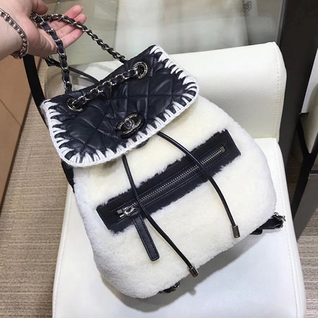Chanel Backpacks A57580 Nylon Blended Fabrics Street Style Black Ecru