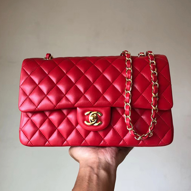 Chanel Classic Flap Bag A01112 Red Lambskin Gold-Tone Metal