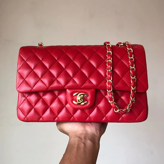 Chanel Classic Flap Bag A01112 Red Lambskin Gold-Tone Metal
