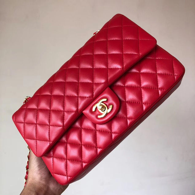 Chanel Classic Flap Bag A01112 Red Lambskin Gold-Tone Metal