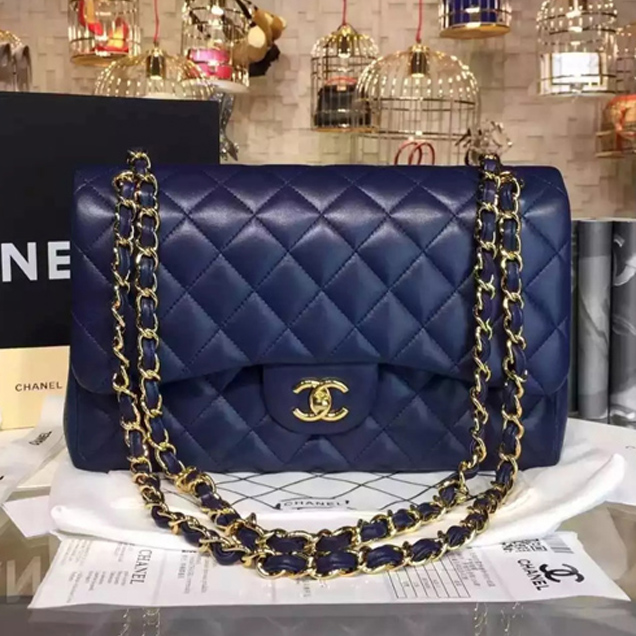 Chanel Classic Flap Bag A01112 Blue Lambskin Gold-Tone Metal