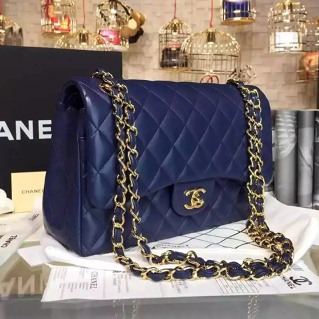 Chanel Classic Flap Bag A01112 Blue Lambskin Gold-Tone Metal
