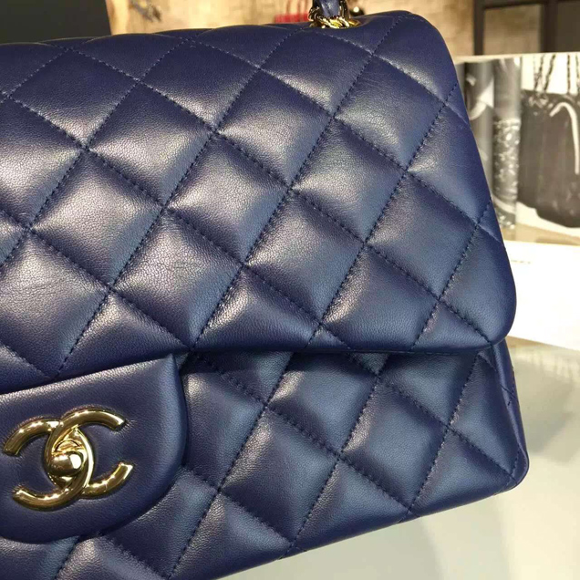 Chanel Classic Flap Bag A01112 Blue Lambskin Gold-Tone Metal