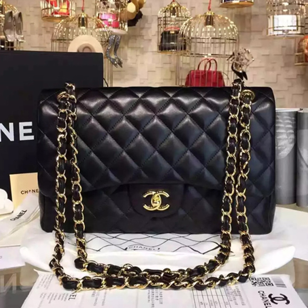 Chanel Classic Flap Bag A01112 Black Lambskin Gold-Tone Metal