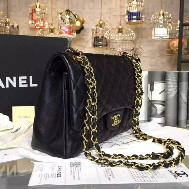 Chanel Classic Flap Bag A01112 Black Lambskin Gold-Tone Metal