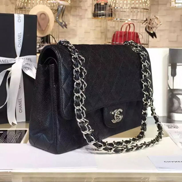 Chanel Classic Flap Bag A01112 Black Grained Calfskin Silver-Tone Metal