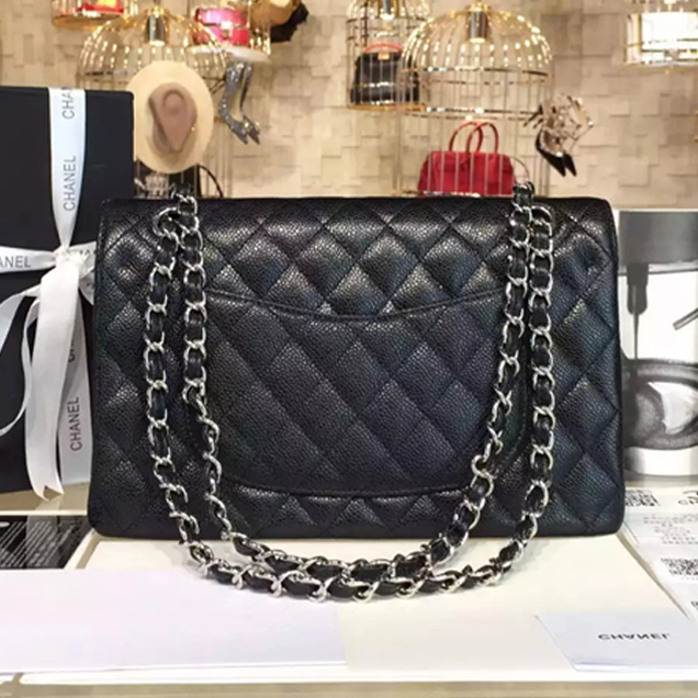 Chanel Classic Flap Bag A01112 Black Grained Calfskin Silver-Tone Metal