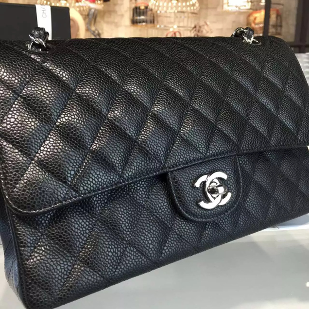 Chanel Classic Flap Bag A01112 Black Grained Calfskin Silver-Tone Metal