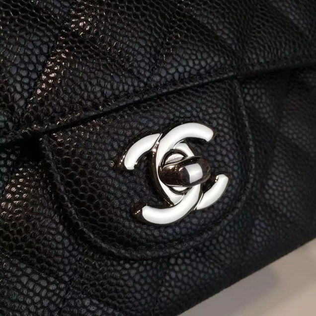 Chanel Classic Flap Bag A01112 Black Grained Calfskin Silver-Tone Metal