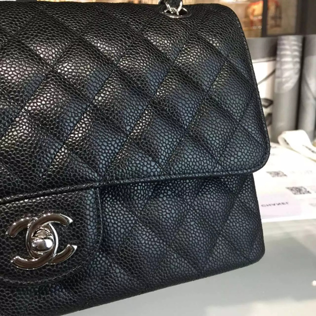 Chanel Classic Flap Bag A01112 Black Grained Calfskin Silver-Tone Metal