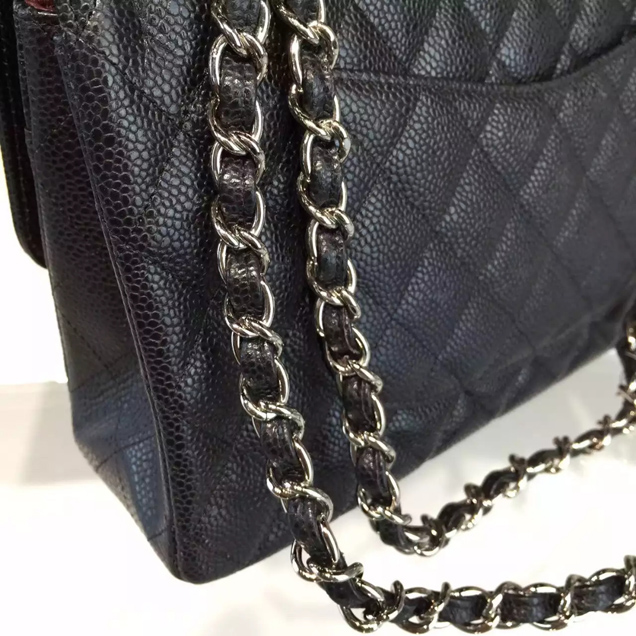 Chanel Classic Flap Bag A01112 Black Grained Calfskin Silver-Tone Metal