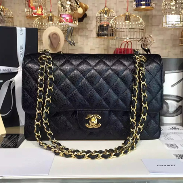 Chanel Classic Flap Bag A01112 Black Grained Calfskin Gold-Tone Metal