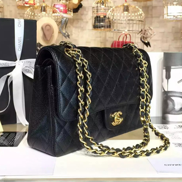 Chanel Classic Flap Bag A01112 Black Grained Calfskin Gold-Tone Metal