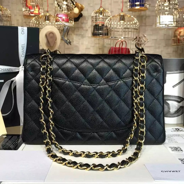 Chanel Classic Flap Bag A01112 Black Grained Calfskin Gold-Tone Metal