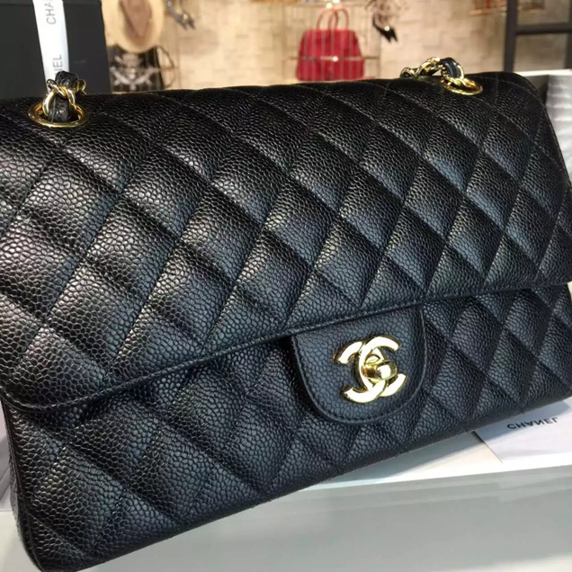 Chanel Classic Flap Bag A01112 Black Grained Calfskin Gold-Tone Metal