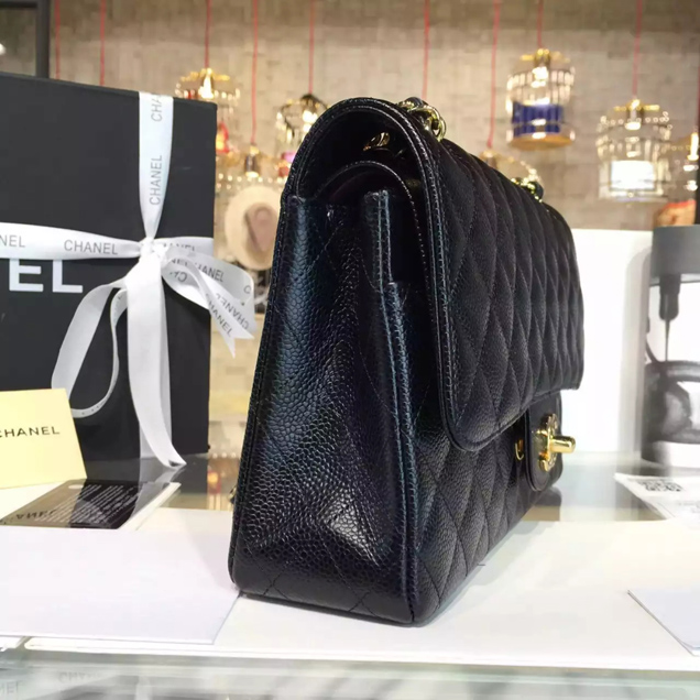 Chanel Classic Flap Bag A01112 Black Grained Calfskin Gold-Tone Metal