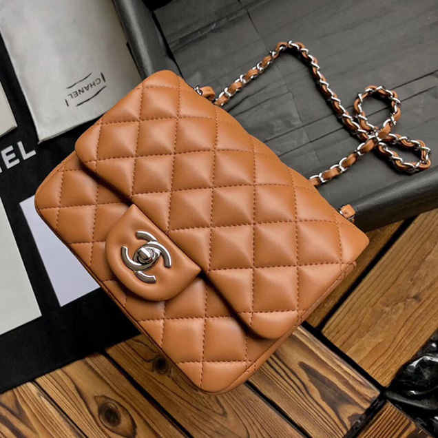 Chanel Mini Flap Bag A35200 Orange Lambskin Silver-Tone Metal