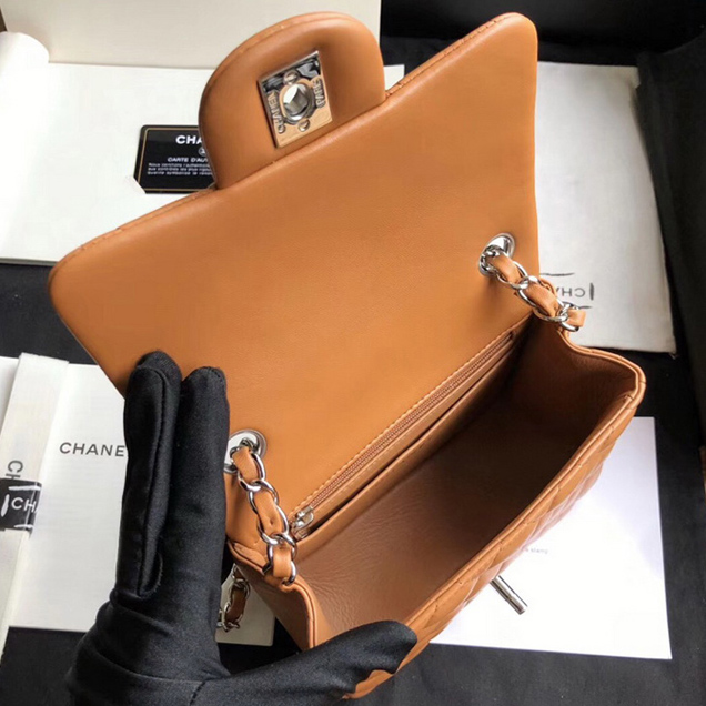 Chanel Mini Flap Bag A35200 Orange Lambskin Silver-Tone Metal