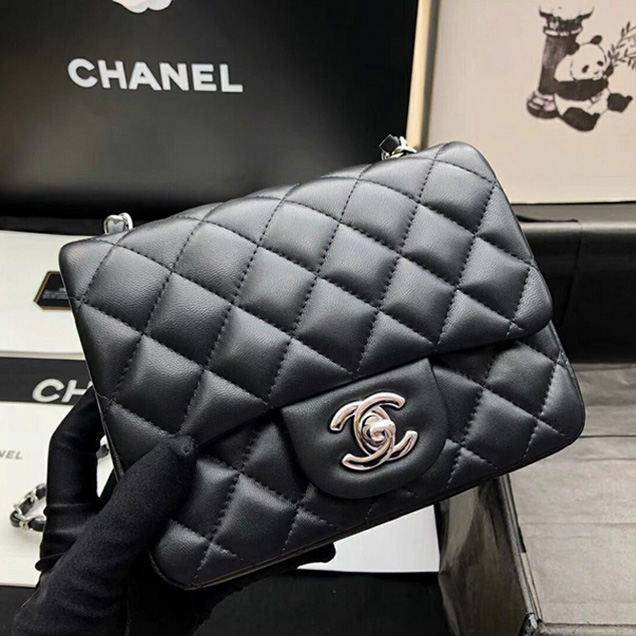 Chanel Mini Flap Bag A35200 Black Lambskin Silver-Tone Metal