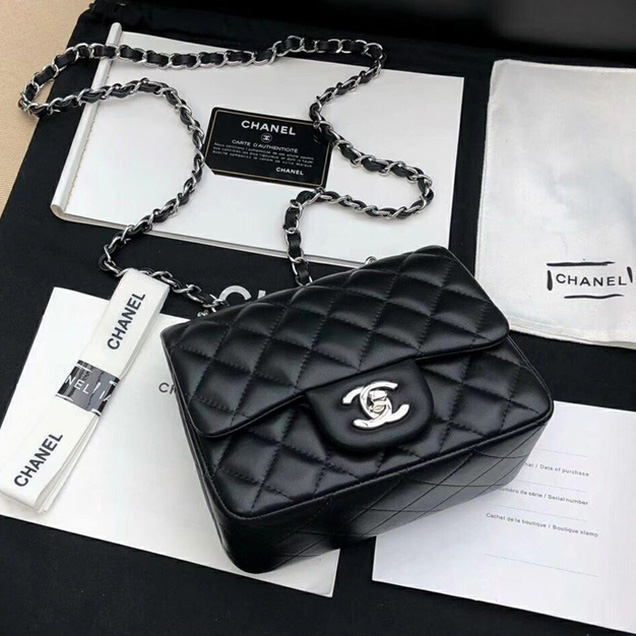 Chanel Mini Flap Bag A35200 Black Lambskin Silver-Tone Metal