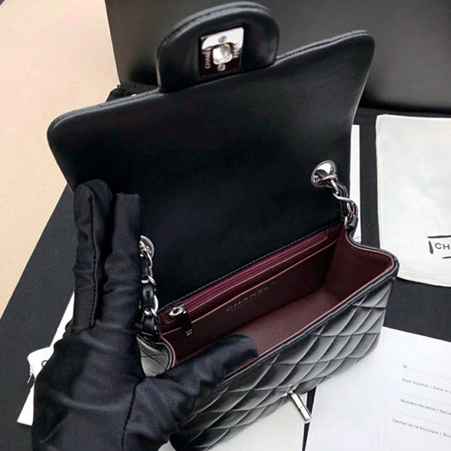 Chanel Mini Flap Bag A35200 Black Lambskin Silver-Tone Metal
