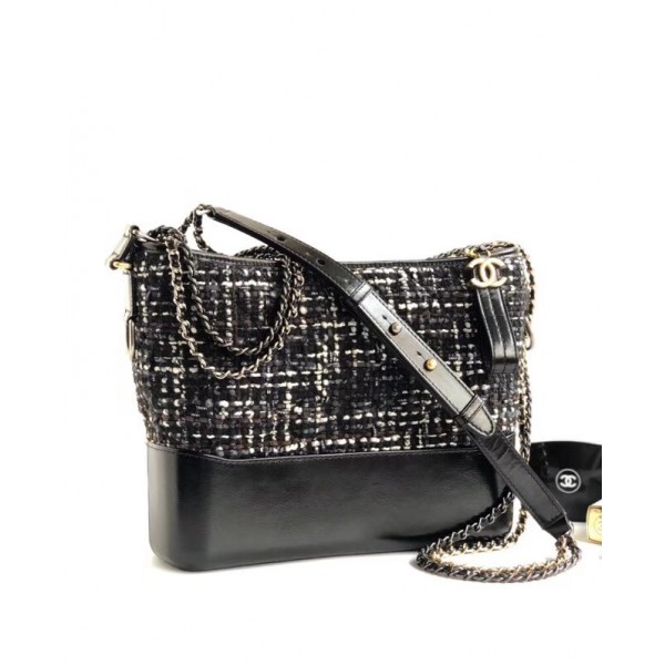 Chanel Tweed/Calfskin Gabrielle Medium Hobo Bag A93824 Black/White 2018