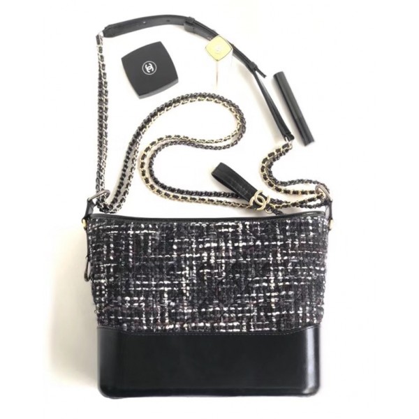 Chanel Tweed/Calfskin Gabrielle Medium Hobo Bag A93824 Black/White 2018