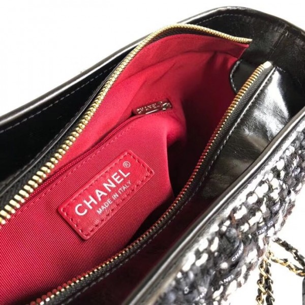Chanel Tweed/Calfskin Gabrielle Medium Hobo Bag A93824 Black/White 2018