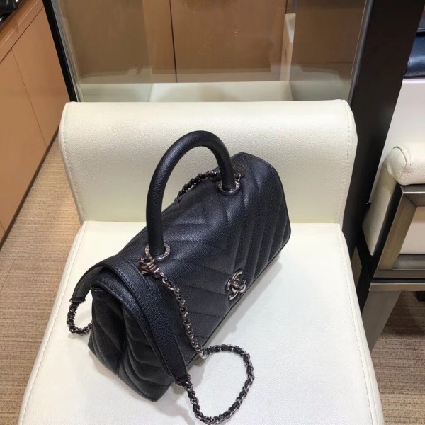 Chanel Chevron Grained Calfskin Small Flap Bag with Top Handle A92990 Black 2018