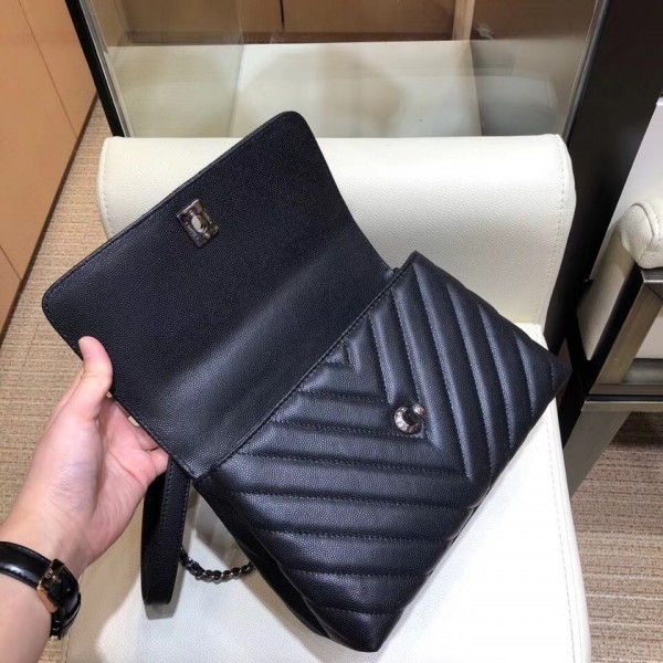 Chanel Chevron Grained Calfskin Small Flap Bag with Top Handle A92990 Black 2018