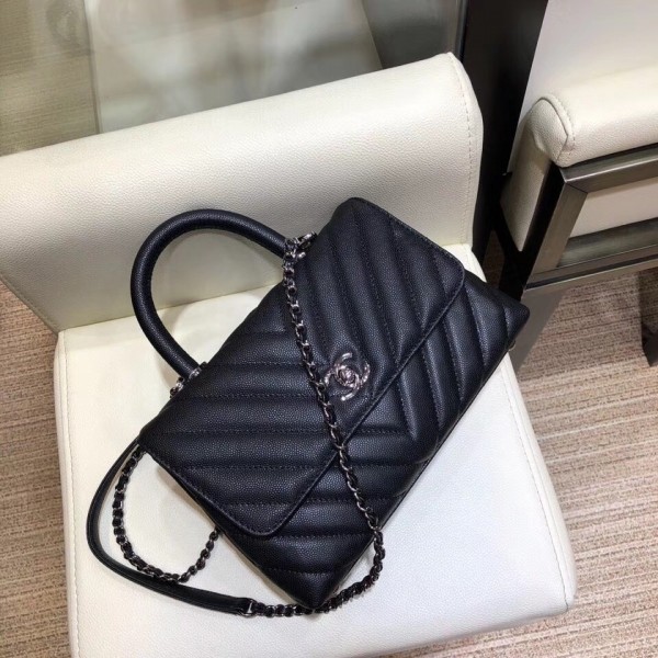 Chanel Chevron Grained Calfskin Small Flap Bag with Top Handle A92990 Black 2018