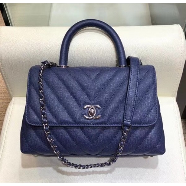 Chanel Chevron Grained Calfskin Small Flap Bag with Top Handle A92990 Blue 2018