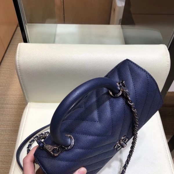 Chanel Chevron Grained Calfskin Small Flap Bag with Top Handle A92990 Blue 2018