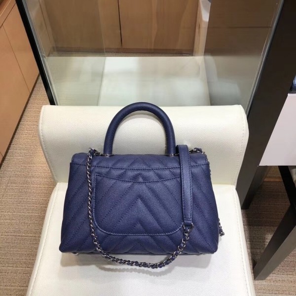 Chanel Chevron Grained Calfskin Small Flap Bag with Top Handle A92990 Blue 2018