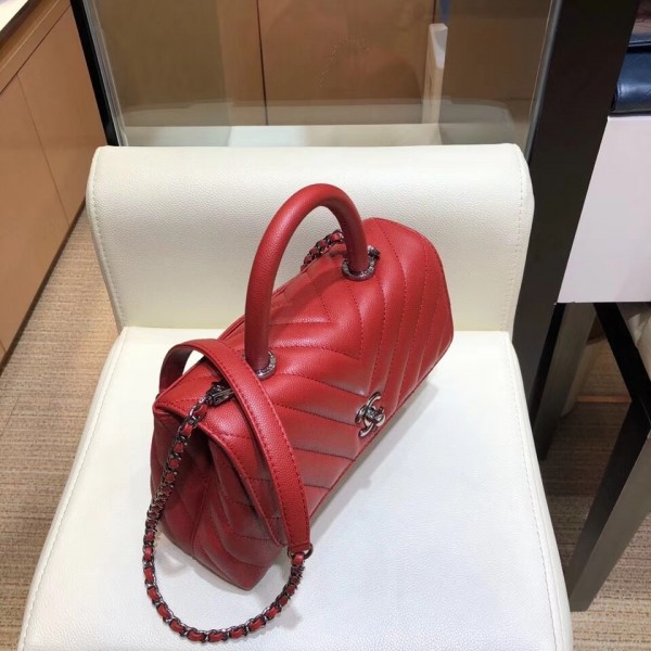 Chanel Chevron Grained Calfskin Small Flap Bag with Top Handle A92990 Red 2018