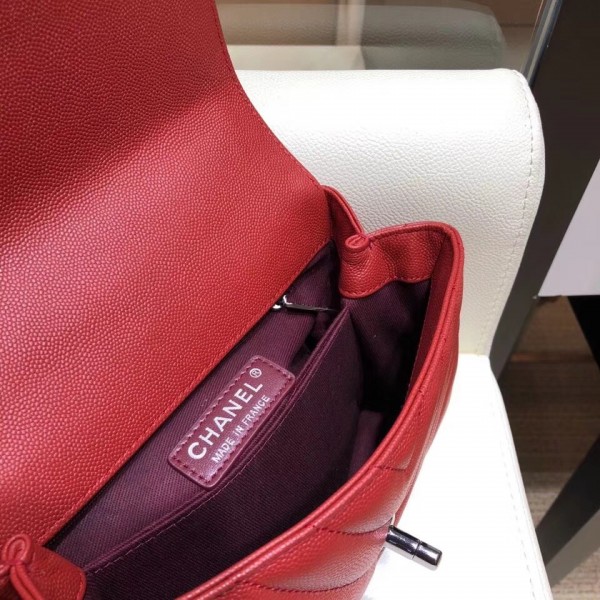 Chanel Chevron Grained Calfskin Small Flap Bag with Top Handle A92990 Red 2018
