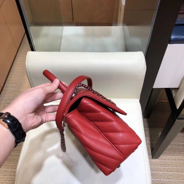 Chanel Chevron Grained Calfskin Small Flap Bag with Top Handle A92990 Red 2018