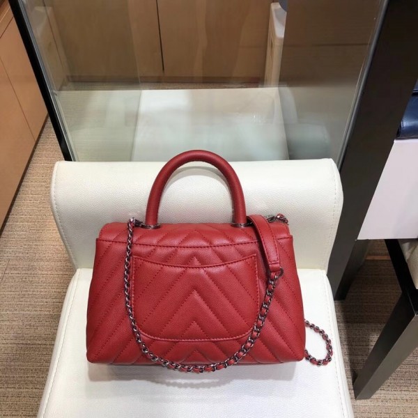 Chanel Chevron Grained Calfskin Small Flap Bag with Top Handle A92990 Red 2018