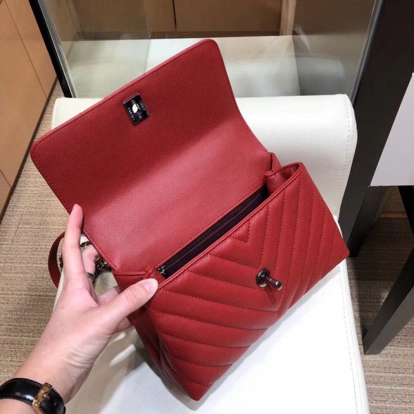 Chanel Chevron Grained Calfskin Small Flap Bag with Top Handle A92990 Red 2018